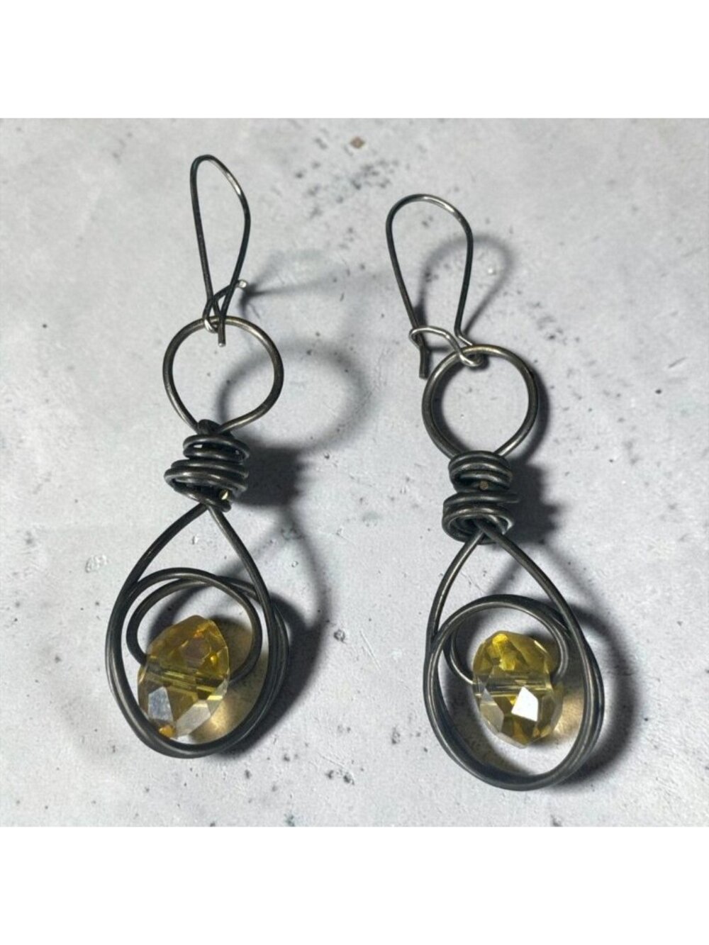 Handcrafted Wire-Wrapped Drop Earrings With Yellow Crystal Beads Lightweight & E